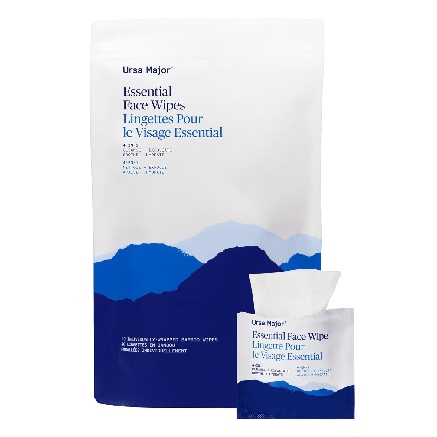 Ursa Major Essential Face Wipes | Natural, Biodegradable, Cruelty-Free | Cleanse, Exfoliate, Soothe and Hydrate | Individually Wrapped | 40 count-FemmiqueWomen