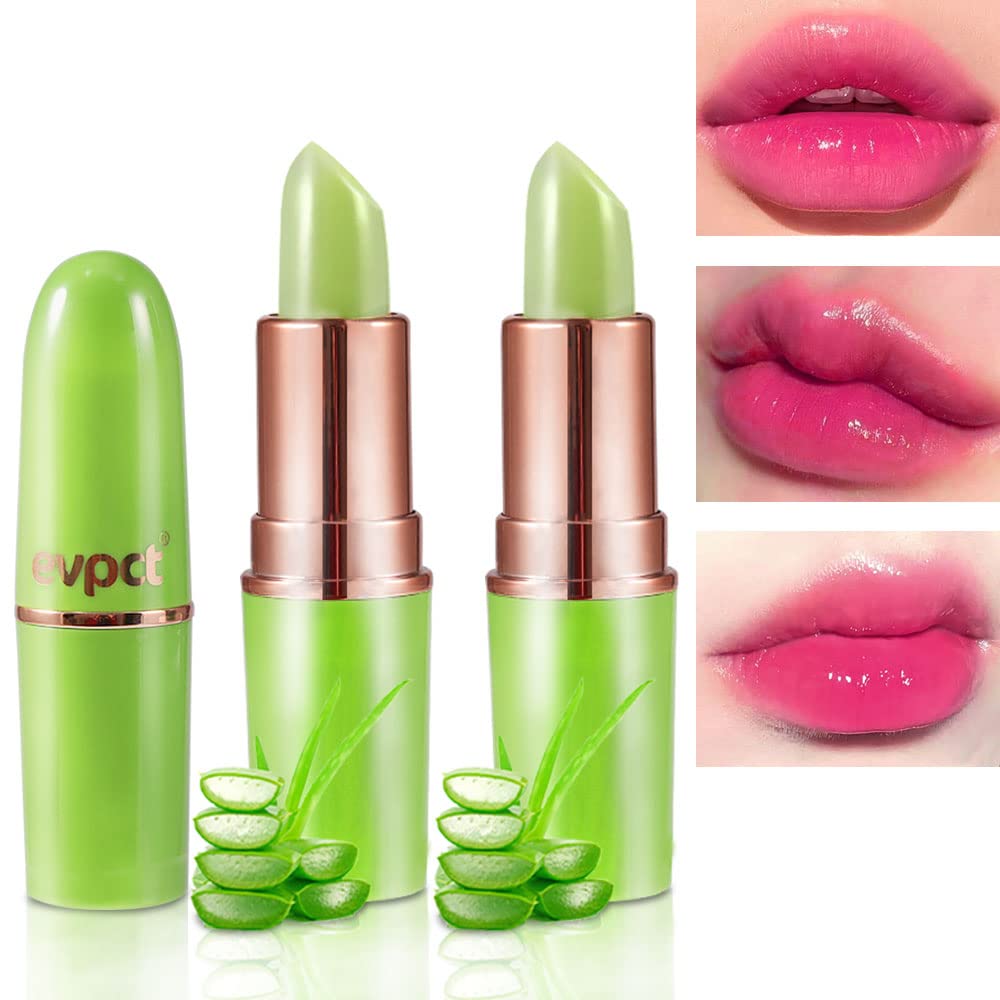 2Pcs Aloe Vera Lip Color Changing Lipstick Lip Balm Set, Green Magic PH Lipstick Color Change Changing Crystal Flower Jelly Lipstick Tinted Lip Balm Gloss Stain Makeup Set for Women Girls Waterproof-FemmiqueWomen