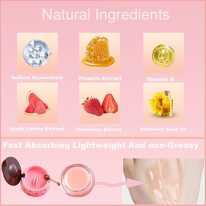 3PCS Bee Lip Balm Honey Pot, Exfoliating Strawberry Cherry Watermelon Bee Lip Balm Sleeping Lip Mask Overnight with Sticks, Honey Pot Lip Balm Prevention Dry Hydrating and Crack Lip Scrubs-FemmiqueWomen