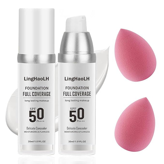 2PCS Color Changing Foundation Makeup Set with 2 Makeup Sponges,Moisturizing Full Coverage Liquid Foundation for Women,Non-greasy Long Lasting Flawless Concealer Cream Makeup Foundation Set-FemmiqueWomen
