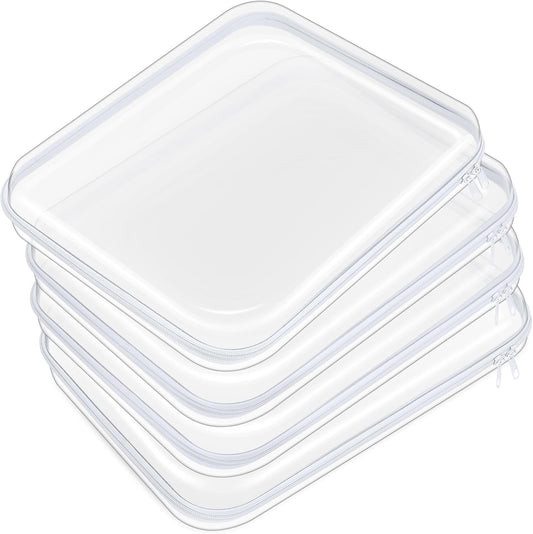 Hoolerry 4 Pcs Hard Clear Zipper Case Makeup Bags Plastic Pencil Pouch Transparent Storage Box Containers for Cosmetics, Snacks, Building Blocks, Puzzles(White,13.8 x 11.8 x 2 in)-FemmiqueWomen