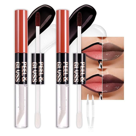 2Pcs Liquid Lip Stain Peel Off Lip liner and Lip oil with Tweezer, Dual-Ended Peel Off Lip Stain Tattoo, Highly Pigmented Long Lasting Waterproof, Transfer-proof for All Skin Types, 06#+07#-FemmiqueWomen