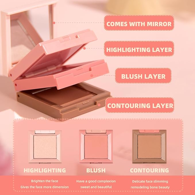 3 in 1 Contour Highlighter Blush Makeup Palette Kit, Matte Shimmer 3 Colors Highlighting Bronzing Blusher Eyeshadow Pallet, Long Lasting Full Face Eyes Contouring Shaping Makeup Set with Mirror-FemmiqueWomen