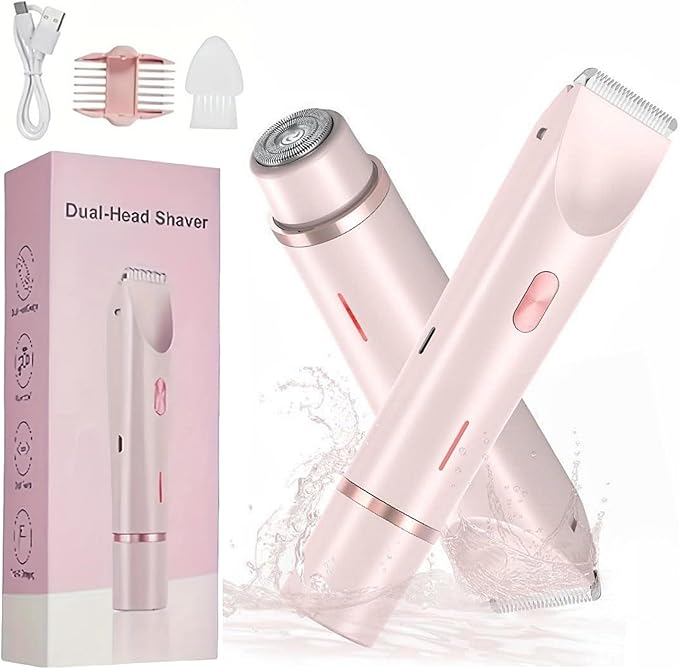 2025 Womens Shaver Dual-Head Bikini Trimmer for Women 2-in-1 Women's Body Shaver USB Charge Waterproof Painless Electric Razors for Silk Skin (Pink)-FemmiqueWomen