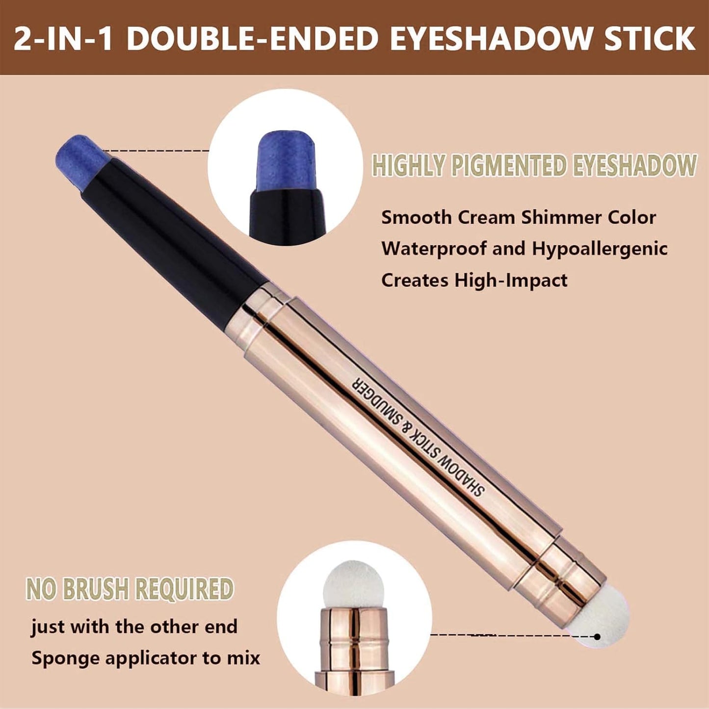 2 in 1 blue Eyeshadow stick and Sponge Makeup Brush, Smooth Cream Shimmer Shadow Pencil Long Lasting Waterproof Eye Shadow Highlighter Stick Makeup , Hypoallergenic Eyeshadow, Highlighter Eye Liner-FemmiqueWomen