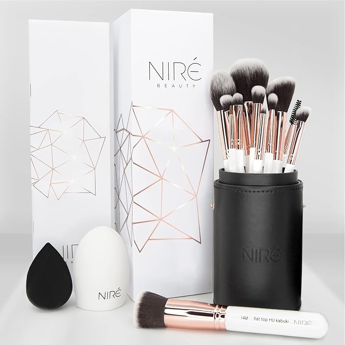 Niré Beauty White 15piece Award Winning Professional Makeup Brush Set: Vegan Makeup Brushes with Case, Makeup Sponge, Cleaner, Guide, Gift Box-FemmiqueWomen