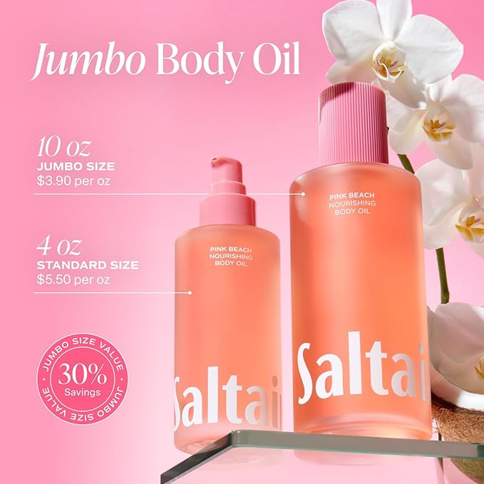Saltair Body Oil. Jumbo Size Pink Beach After Shower and Bath Oil Moisturizer for Women and Men. Botanical, Non-Greasy, and Well-Absorbing Lotion for Hydrating Dry Skin. 10oz Bottle-FemmiqueWomen