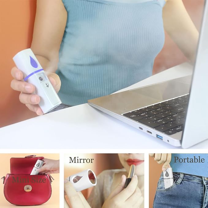 Nano Facial Mister Portable Mist Sprayer with Mirror Mini Cool Mist Spray for Skin Care & Facial Body Moisturized & Eyelash Extensions, USB Rechargeable (White)-FemmiqueWomen