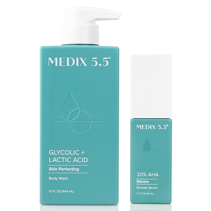 Medix 20% Glycolic Acid Booster + Exfoliating Body Wash Cleanser Skin Care 2PC Set | AHA Exfoliant Body Wash + Body Serum Both Refine + Soften Dead Dry Skin, Bumps, Wrinkles, & Fine Lines, Bundle-FemmiqueWomen
