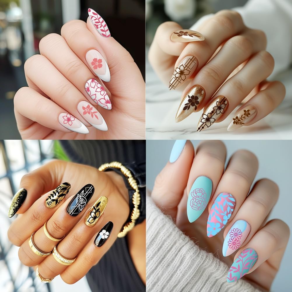 3Pcs Flower Vine Nail Stamping Plate Set Floral Leaves Rose Daisy Nail Stamp Templates Metal Reusable Tools with Stamper Scraper for Manicure Printing-FemmiqueWomen