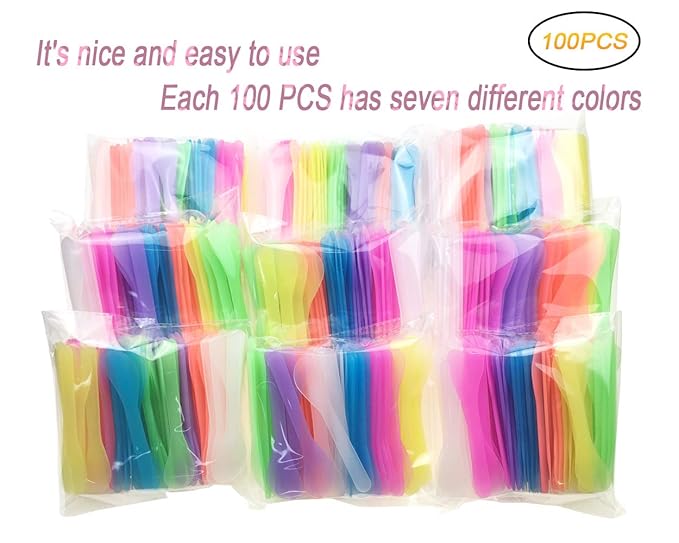 100 PCS Cosmetic Spatula for Makeup Face Mask Plastic Spoon Disposable Makeup Tools for Mixing and Sampling 4.88'' x 1.06" Random Color-FemmiqueWomen