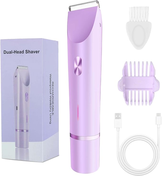 2-in-1 Bikini Trimmer and Shaver Kit for Women, Electric Body Hair Trimmer Facial Hair Removal Cordless Bikini Shaver Razor for Face Lip Chin Pubic Underarm Legs, Purple-FemmiqueWomen