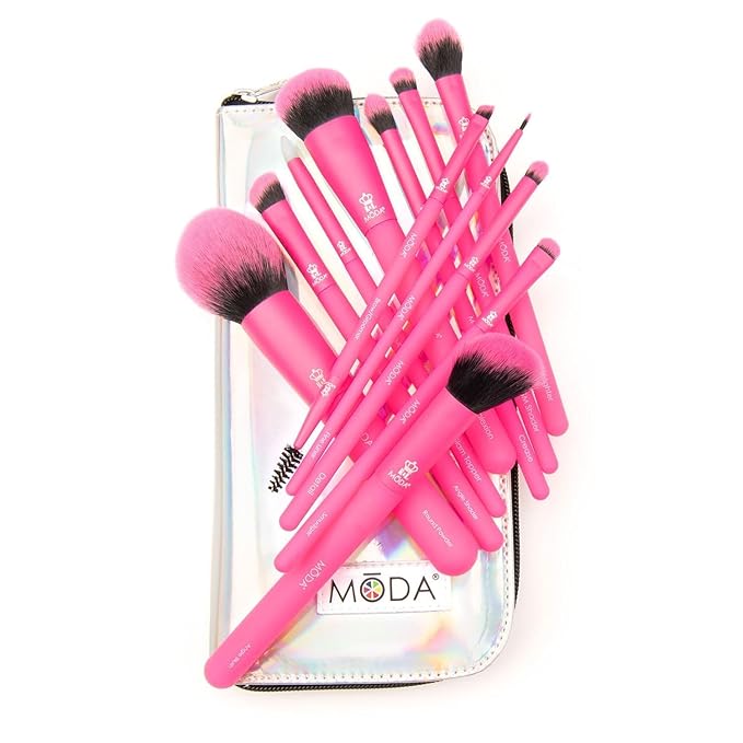 MODA Totally Electric Neon Full Face Makeup Brush Kit – 13pc Vibrant Brush Set for Face & Eyes with Zip Case (Neon Pink)-FemmiqueWomen