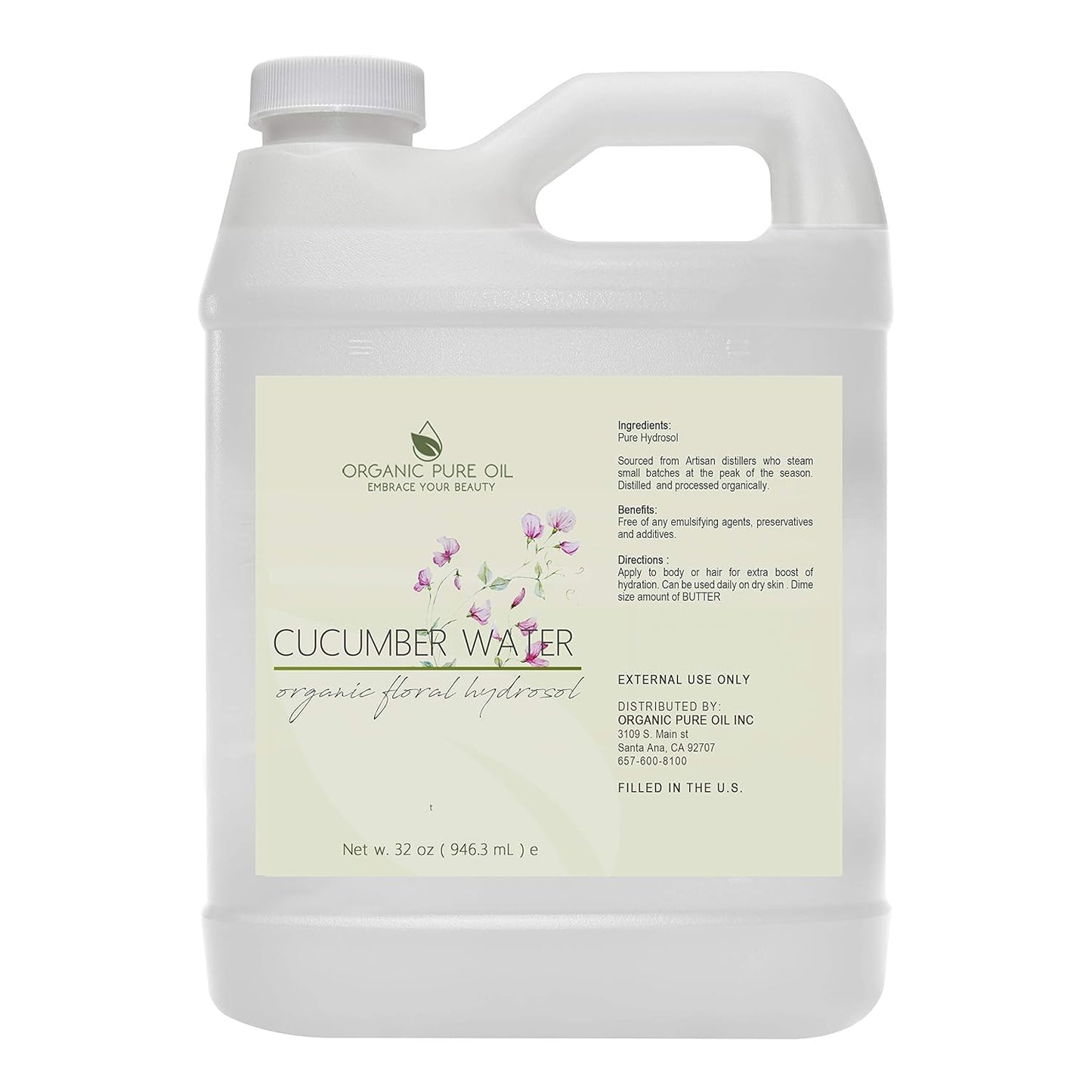 OPO Cucumber Hydrosol - Pure Steam Distilled Hydrating Floral Water Bulk Refill 32 oz - 1 Quart for Skin Hair Face, Greasy, Oily Skin Hair Locs Face Cleansing Toning Spray - Packaging May Vary-FemmiqueWomen