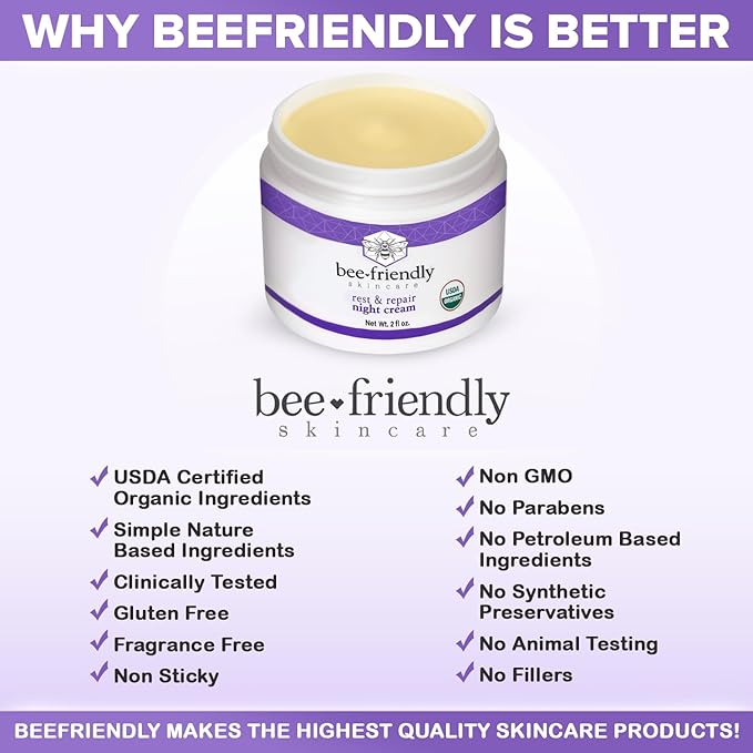 BeeFriendly Organic Night Cream, USDA Certified Organic, Deep Hydrating & Moisturizing Night Time Eye, Face, Neck & Decollete Cream for Women and Men, Anti Aging, Anti Wrinkle 2 oz-FemmiqueWomen