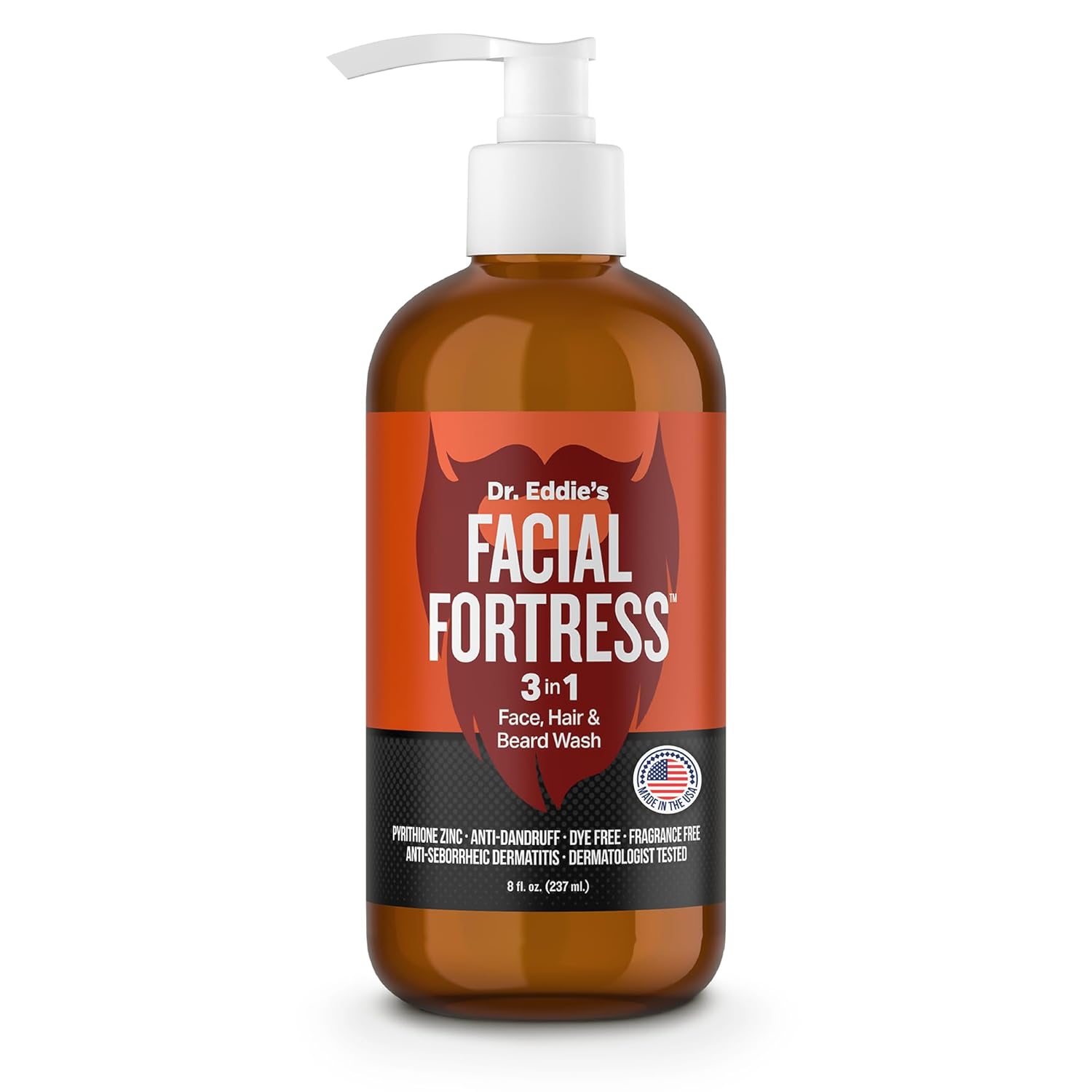 Dr. Eddie's Facial Fortress 3 in 1 Face, Hair, & Beard Wash - Beard Dandruff Shampoo for Men, Beard Cleanser, Face Wash, Beard Care, Face Soap with Pyrithione Zinc - 8 Fl Oz (Pack of 1)-FemmiqueWomen