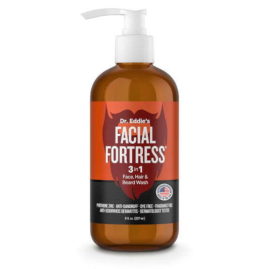 Dr. Eddie's Facial Fortress 3 in 1 Face, Hair, & Beard Wash - Beard Dandruff Shampoo for Men, Beard Cleanser, Face Wash, Beard Care, Face Soap with Pyrithione Zinc - 8 Fl Oz (Pack of 1)-FemmiqueWomen