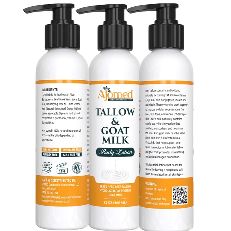 Grass Fed Beef Tallow & Goat Milk Body Lotion for Sensitive Skin, Organic Tallow Lotion - Soothes Dry Patches, Goat Milk Moisturizer - Handmade Tallow Body Lotion (Oatmeal & Honey, 8 Oz)-FemmiqueWomen