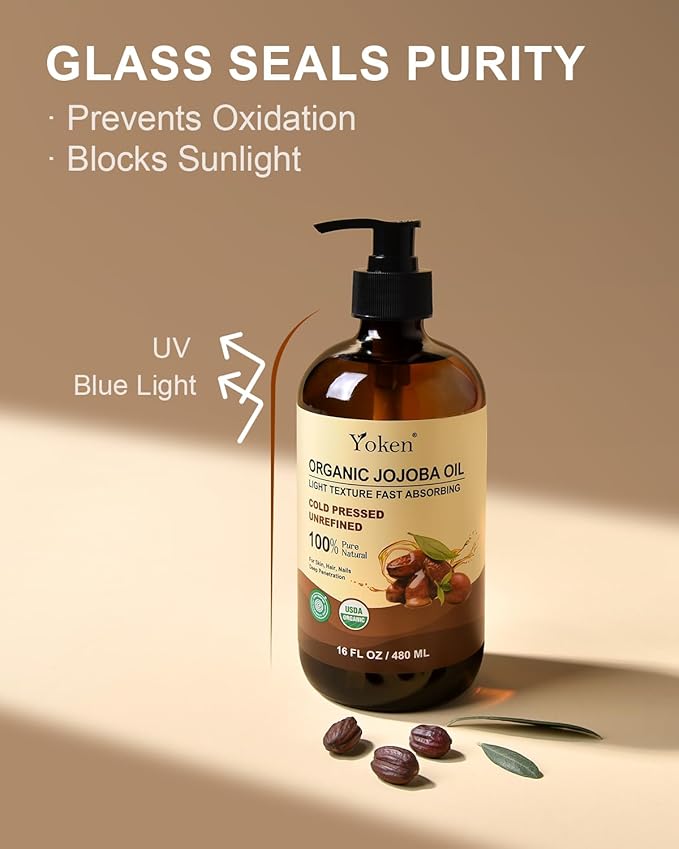 Yoken Organic Jojoba Oil Glass Bottle 16 fl oz, USDA Certified 100% Pure & Natural Jojoba Oil for Hair, Skin & Face, Cold Pressed Unrefined Hexane Free, Deeply Moisturizing Body Serum for Gua Sha-FemmiqueWomen