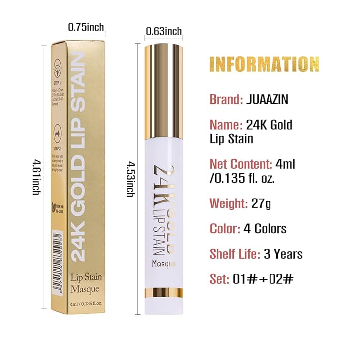 2Pcs 2025 New 24K Gold Liquid Lip Gloss Peel Off Lip Stain Tattoo with Tweezer, Lips Stain Peel Off Masque, Long Lasting Waterproof Lip Tint Stain, Transfer-proof for All Skin Types 01#+02#-FemmiqueWomen
