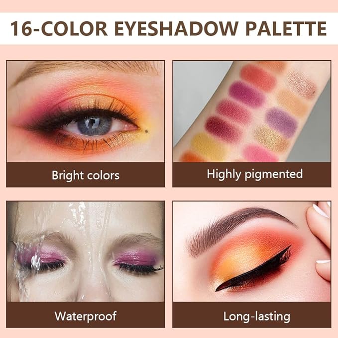 16 Girds Colorful Matte Shimmer Eyeshadow Palette for Eye Makeup,High Pigmented Eye Shadow Primers Powder Palet de sombras de ojos-Glitter Color#-FemmiqueWomen