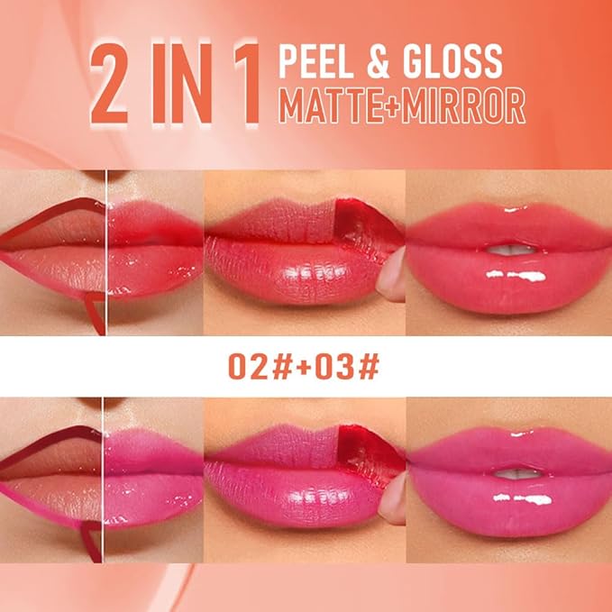 2Pcs Peel Off Lip Gloss Tattoo and Lip Oil 2-in-1, Lip Stain Peel Off Masque - Peel Off Lip Tint ,Long Lasting Waterproof Transfer-proof Lip Mask Lip Gloss Peel Off Lip Liner,Stay Lip Makeup 02#+03#-FemmiqueWomen