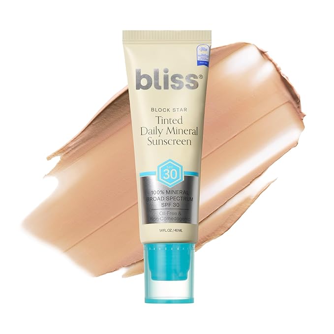 Bliss Block Star SPF 30 Daily Tinted Mineral Sunscreen with Zinc Oxide - All Skin Tones - 100% Mineral Broad Spectrum Sunscreen with Titanium Dioxide & Antioxidant Blend- 1.4 fl oz.-FemmiqueWomen