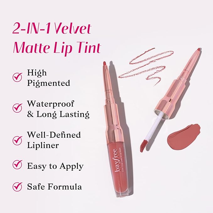 2-IN-1 Lip Liner and Lip Stain, High Pigmented Long Lasting Velvet Lip Tint, Well-Defined Lipliner, Weightless Waterproof Not Animal Tested, Matte Finish Makeup-FemmiqueWomen