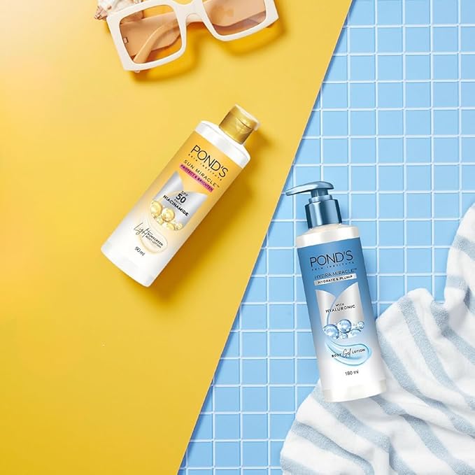 POND-S. Sun Miracle Body Lotion, SPF 50 PA+++, 90 ml, UVA/UVB Protection, 1% Niacinamide, Lightweight, No White Cast 3.0 Fl.oz.-FemmiqueWomen