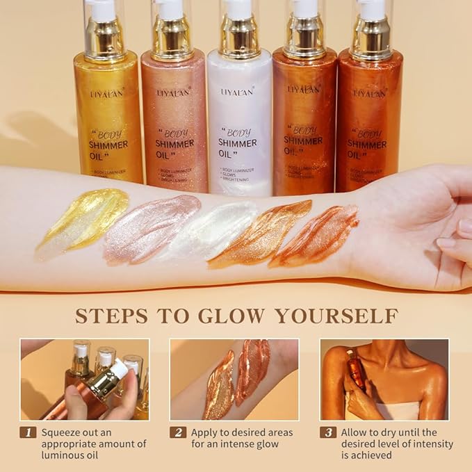 Liyalan Shimmer Body Oil Rose Gold 5 Color Bronze Face Glow Pearl Highlighter Illuminator body Makeup Shine Glitter Gold Liquid Taning 3.38 Fl Oz-FemmiqueWomen