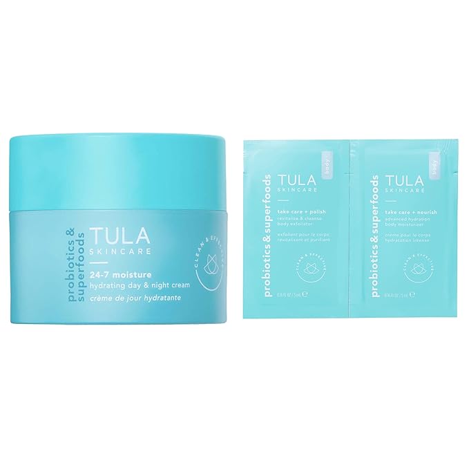 TULA Skin Care 24-7 Hydrating Day & Night Cream + Body Moisturizer/Exfoliator Packette - Anti-Aging Moisturizer for Face, Contains Watermelon & Blueberry Extract, 1.5 oz.-FemmiqueWomen