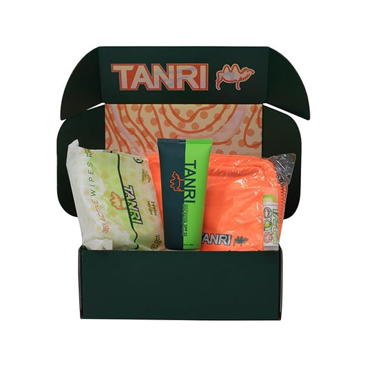 TANRI Primo Explorer Pack; Includes SPF30 Mineral Sunscreen with Zero White Cast, Active Wipes No-Rinse Body Wipes, Moisturizing SPF15 Pear Lip Balm and an Adjustable Fanny Pack (4-Pack Bundle)-FemmiqueWomen