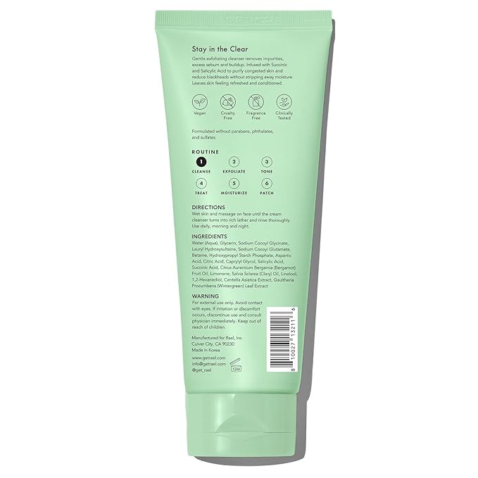 Rael Miracle Clear Face Wash – Gentle Exfoliating Cleanser with Succinic Acid & Minerals, Hydrating Formula for Daily Use, Ideal for Acne-Prone, Dry, Sensitive & Oily Skin, Vegan (5 fl oz)-FemmiqueWomen