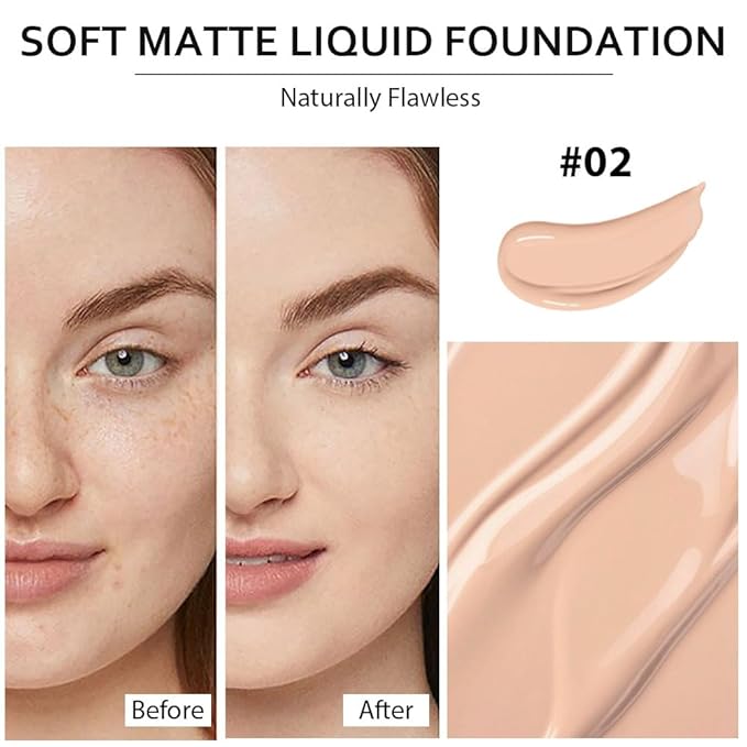 2 Pack Liquid Foundation Cream with Foundation Brush for Face Makeup,Durable Full Coverage Matte Concealer Make Up,Oil Control & Waterproof Base Primer -1 Fl.Oz (#02)-FemmiqueWomen