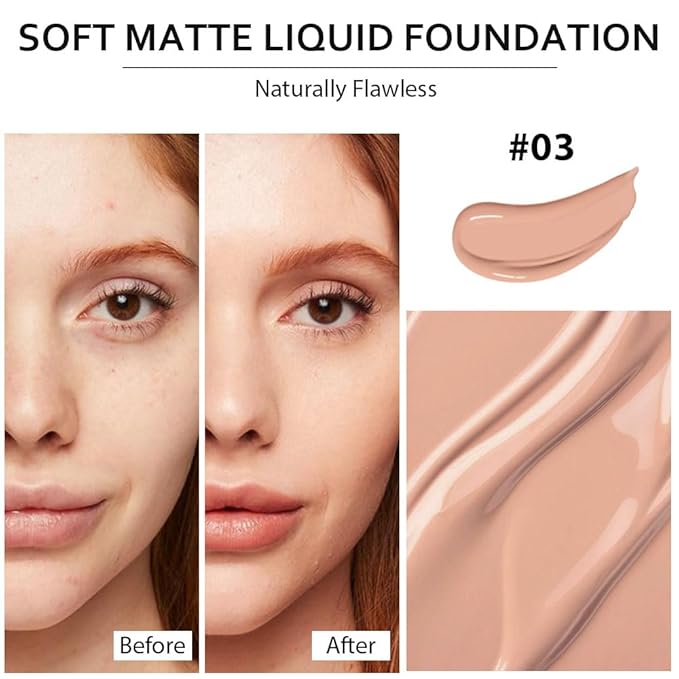 2 Pack Liquid Foundation Cream with Foundation Brush for Face Makeup,Durable Full Coverage Matte Concealer Make Up,Oil Control & Waterproof Base Primer -1 Fl.Oz (#03)-FemmiqueWomen