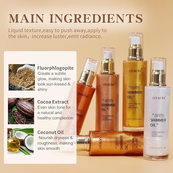 Liyalan Shimmer Body Oil Rose Gold 5 Color Bronze Face Glow Pearl Highlighter Illuminator body Makeup Shine Glitter Gold Liquid Taning 3.38 Fl Oz-FemmiqueWomen