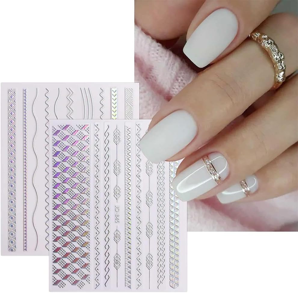 12 Sheets French Line Nail Art Stickers Aurora Star Heart Nail Decals Self-Adhesive Pegatinas Uñas Glitter Holographic Laser Silver Nail Supplies for Women Nail Art Design Decoration-FemmiqueWomen