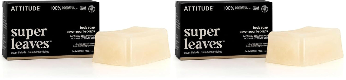 ATTITUDE Bath and Shower Body Soap Bar, EWG Verified, Plastic-free, Plant and Mineral-Based Ingredients, Vegan and Cruelty-free Personal Care Products, Patchouli and Black Pepper, 4 Ounces (Pack of 2)-FemmiqueWomen