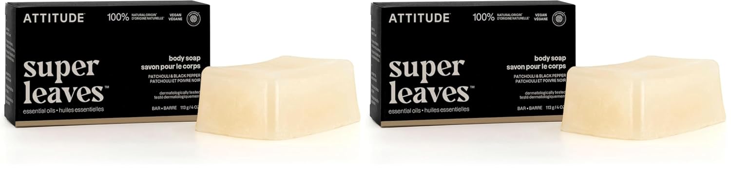 ATTITUDE Bath and Shower Body Soap Bar, EWG Verified, Plastic-free, Plant and Mineral-Based Ingredients, Vegan and Cruelty-free Personal Care Products, Patchouli and Black Pepper, 4 Ounces (Pack of 2)-FemmiqueWomen