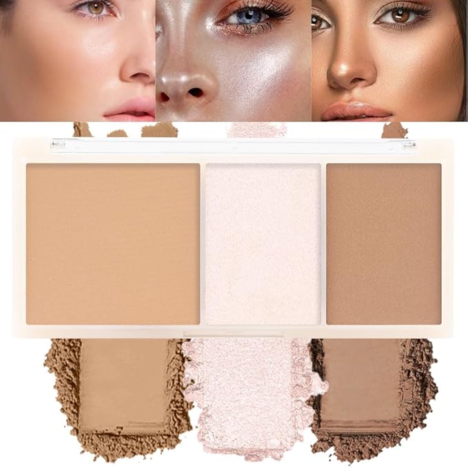 3 IN 1 Brown Nude Face Highlight Bronzer Powder Palette for Face Cheeks Contour Brightening, Buildable Matte Coverage Natural Makeup,Ultra Sculpt Nose Shadow Eyeshadow Primer 02#-FemmiqueWomen