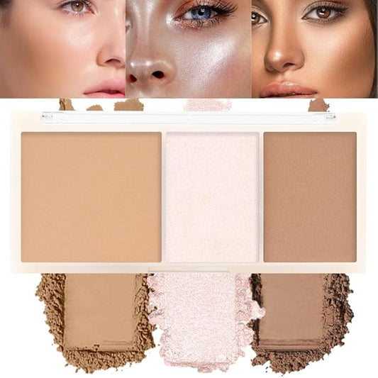 3 IN 1 Brown Nude Face Highlight Bronzer Powder Palette for Face Cheeks Contour Brightening, Buildable Matte Coverage Natural Makeup,Ultra Sculpt Nose Shadow Eyeshadow Primer 02#-FemmiqueWomen
