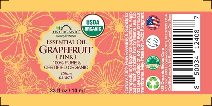 US Organic Grapefruit Pink Essential Oil, USDA Certified Organic, Cold Pressed, 100% Pure, for Face, Hair, Skin, Aromatherapy, and More (10 ml)-FemmiqueWomen