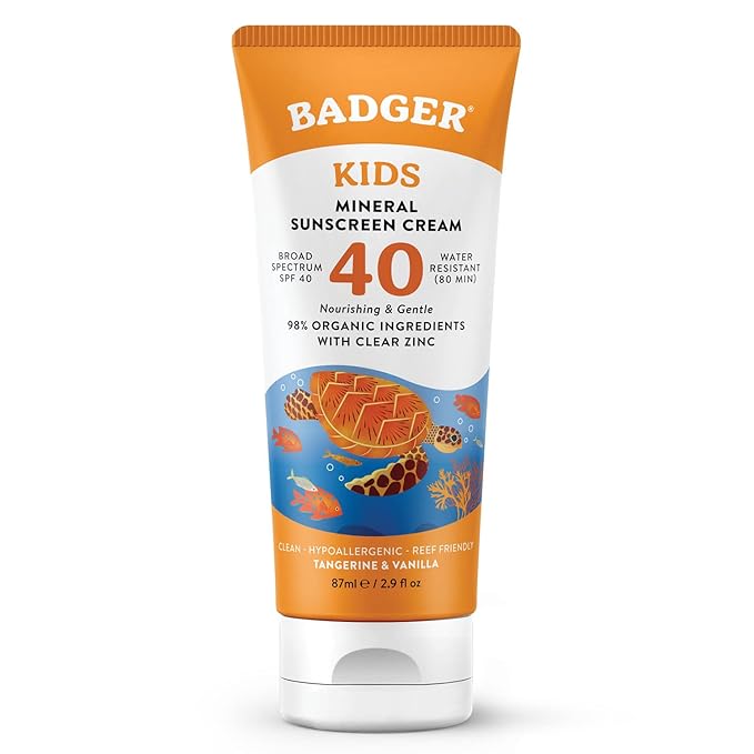Badger Kids Mineral Sunscreen Cream SPF 40, 98% Organic Ingredients, Zinc Oxide Sunscreen for Kids Face & Body, Water Resistant, Reef Friendly, Hawaii Approved Broad Spectrum Sunblock, 2.9 fl oz-FemmiqueWomen