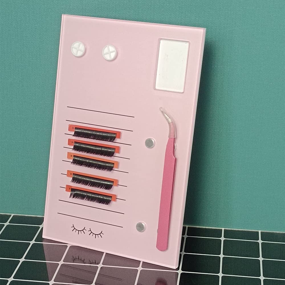 Grafting False Eyelash Acrylic Extension Pallet, Eyelash Extension Glue Tweezers Plate Pad Makeup Palette Individual Training Tools (Pink (7.87x5.12in))-FemmiqueWomen
