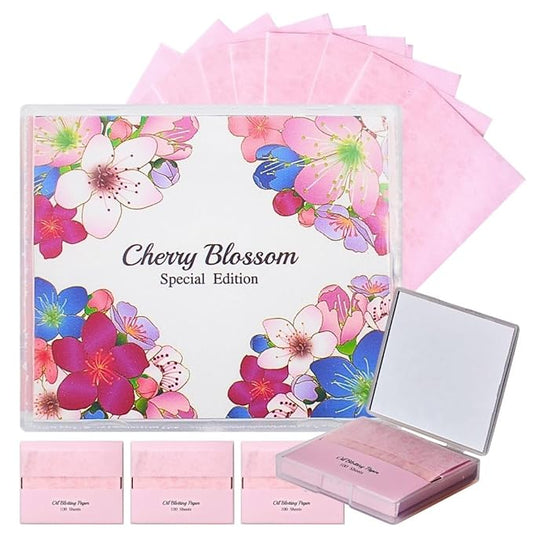 [400 Counts + Mirror Case] Cherry Blossom Natural Oil Blotting Paper for Face with Mirror Compact and Refills-FemmiqueWomen