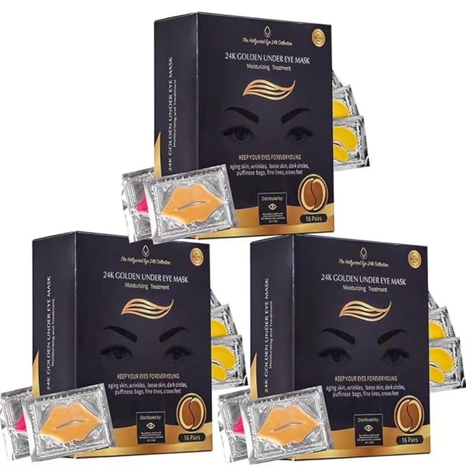 24K Gold Under Eye Patches with 6 pieces of Lip Mask, Anti-Aging Eye Mask, Under Eye Mask Dark Circles and Puffiness, Wrinkles Patches with Hydrogel, Collagen Eye Pad Elasticity Self Care 48 pairs…-FemmiqueWomen