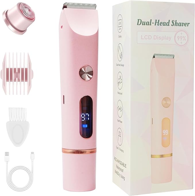 2025 Upgraded Bikini Trimmer for Women & 2 in 1 Dermave Bikini Shaver with LCD Display, Dual Head Cordless Electric Shaver, IPX7 Waterproof Wet/Dry Body Hair Trimmer for Face Body Intimate Areas,Pink-FemmiqueWomen