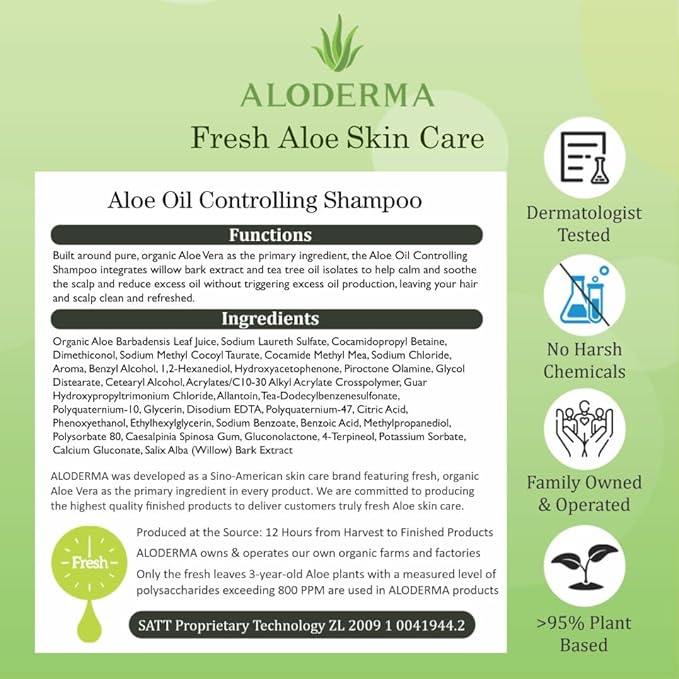 Aloderma Oil Controlling Shampoo Made with Freshly Harvest, Organic Aloe Vera for Oily Hair & Scalp - Infused with Tea Tree Oil and Willow Bark Extract to Gently Cleanse Build Up Without Drying - 16oz-FemmiqueWomen
