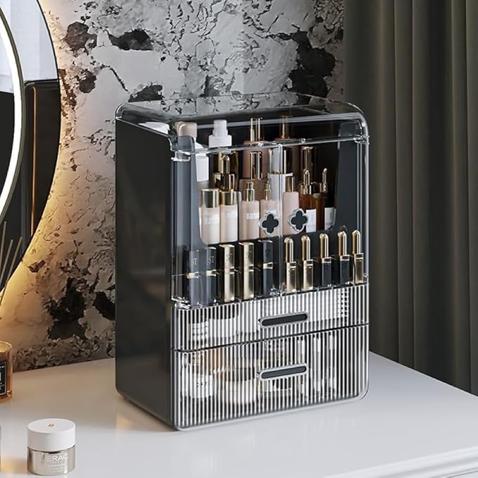 Acrylic Makeup Organizer with Drawers – 38.5CM Large Capacity Cosmetic Storage Box, Dustproof & Waterproof Vanity Organizer for Skincare, Jewelry, Lipsticks & Beauty Products (Black)-FemmiqueWomen