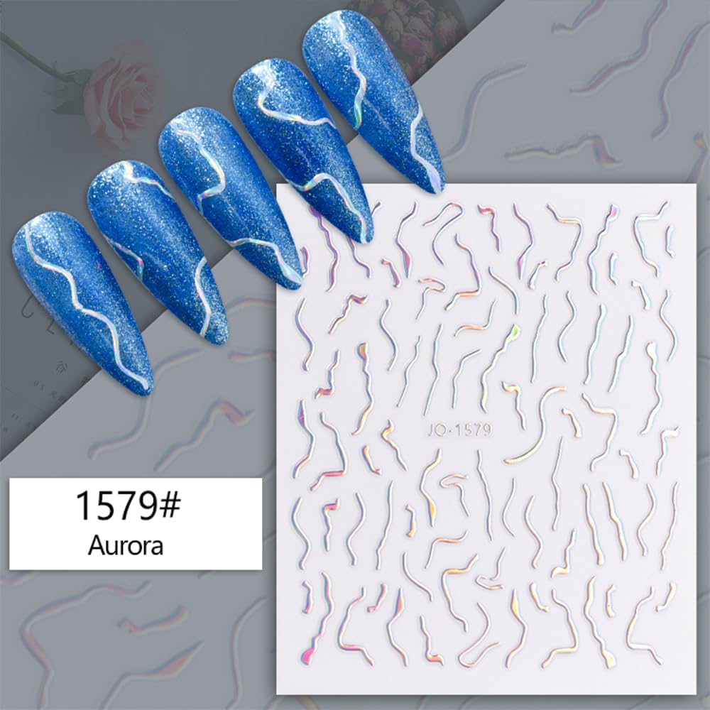 12 Sheets French Line Nail Art Stickers Aurora Star Heart Nail Decals Self-Adhesive Pegatinas Uñas Glitter Holographic Laser Silver Nail Supplies for Women Nail Art Design Decoration-FemmiqueWomen